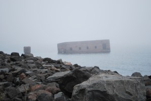 Sunk in bay, note the fog